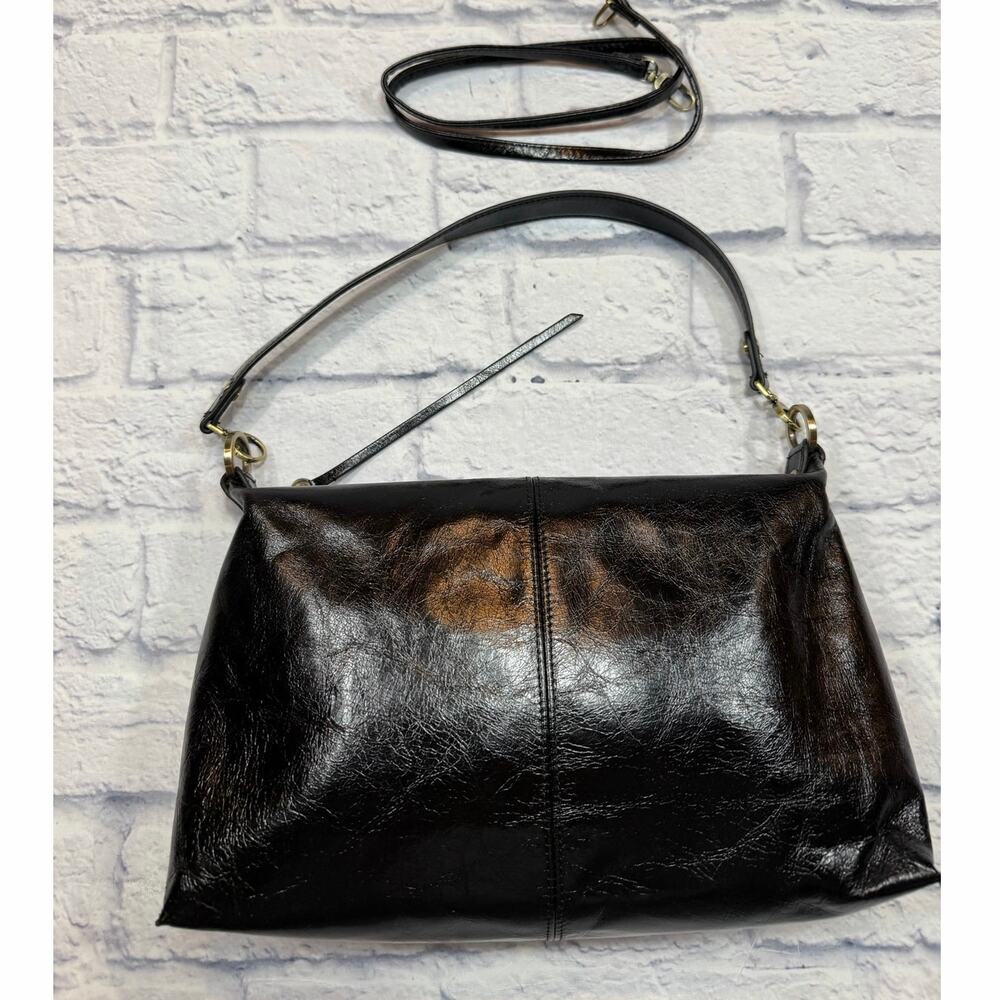 HOBO Avon Black Patent Leather Crossbody Bag w long & short strap Antique Brass - Picture 3 of 8